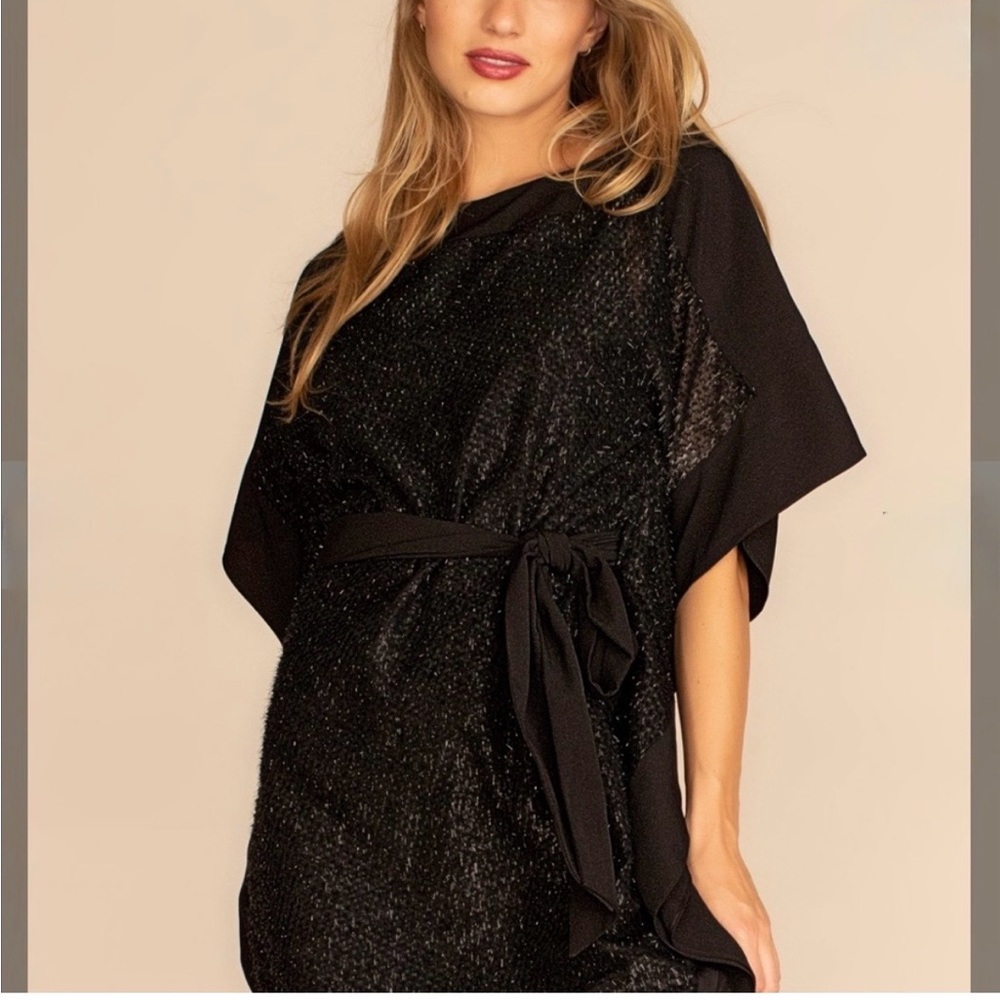 Trina Turk Black Sparkle Mini Caftan Style Dress with Tie Waist